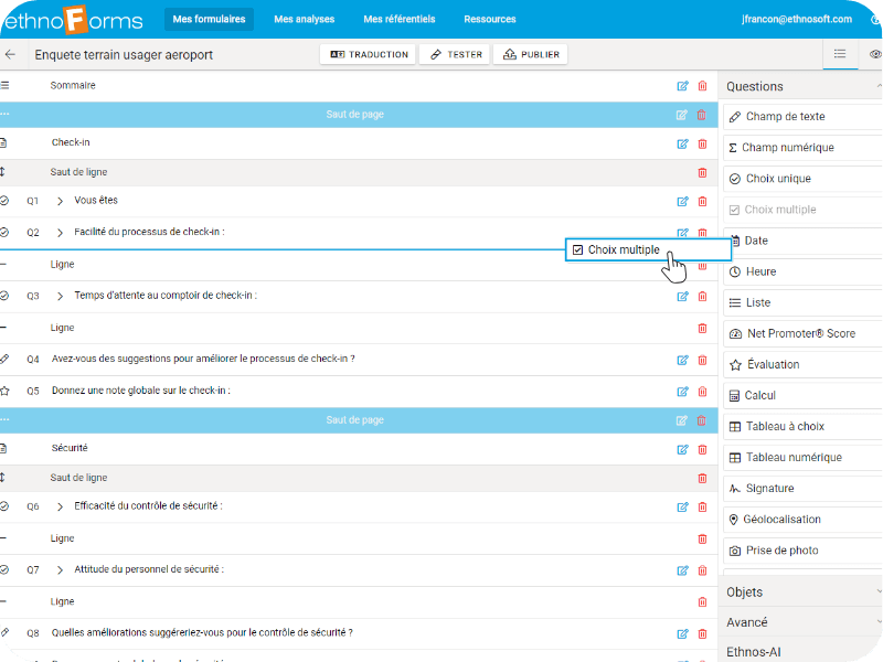 Tous les choix de questions disponibles sur EthnoForms