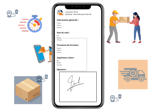 Illustration d'un suivi de livraison, de la récupération du colis par le livreur, à la réception par le client.